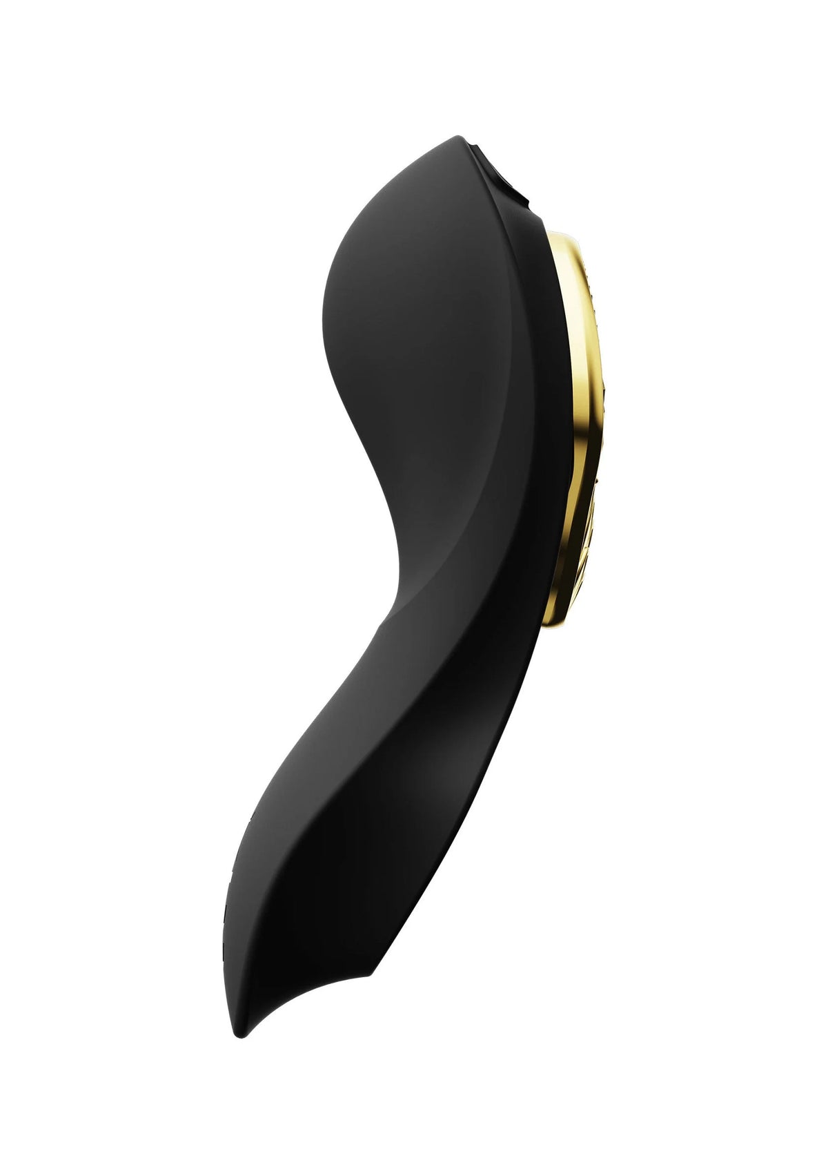 Zwarte draagbare vibrator zijprofiel met zichtbare gouden binnenzijde