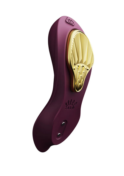 Paars draagbare vibrator met gouden opening en twee ronde knoppen op de zijkant.