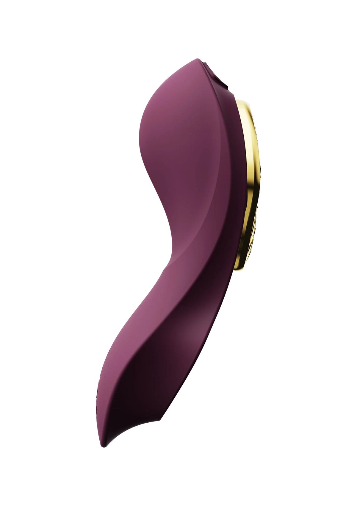 Paars draagbare vibrator in zijaanzicht met dunne, gebogen vorm.