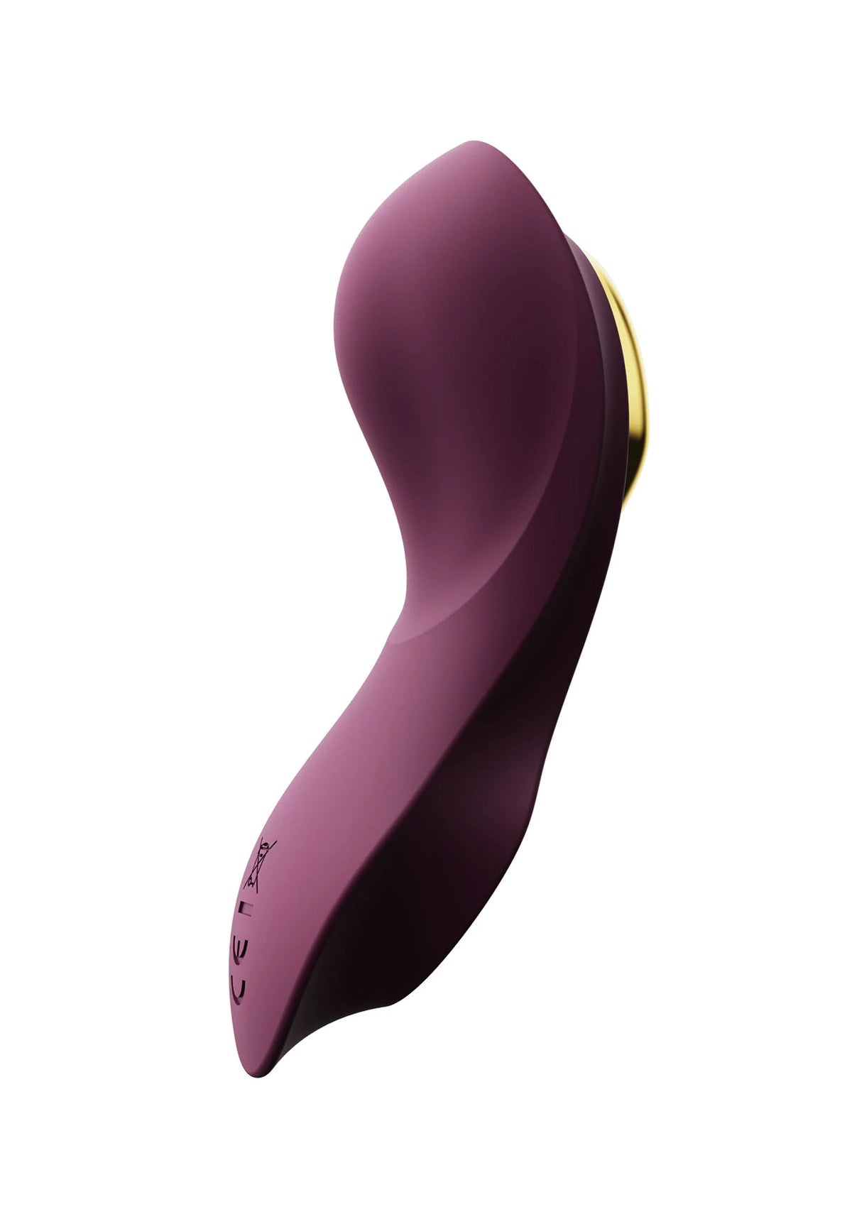 Paars draagbare vibrator met ronde vorm en kleine bedrukking op de zijkant.