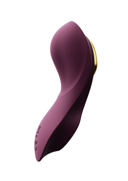 Paars draagbare vibrator met ronde vorm en kleine bedrukking op de zijkant.