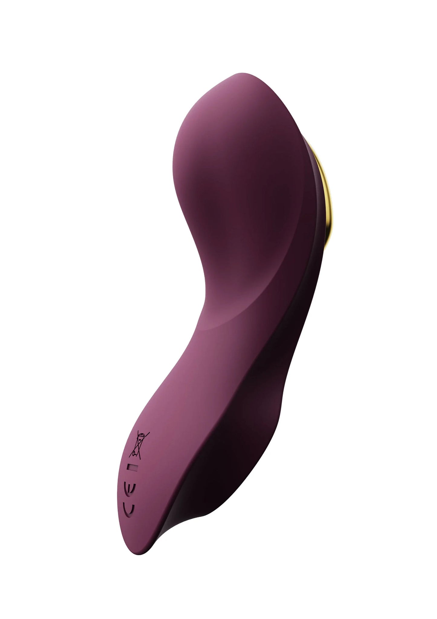 Paars draagbare vibrator, achterzijde met bedrukking en slanke, gebogen vorm.