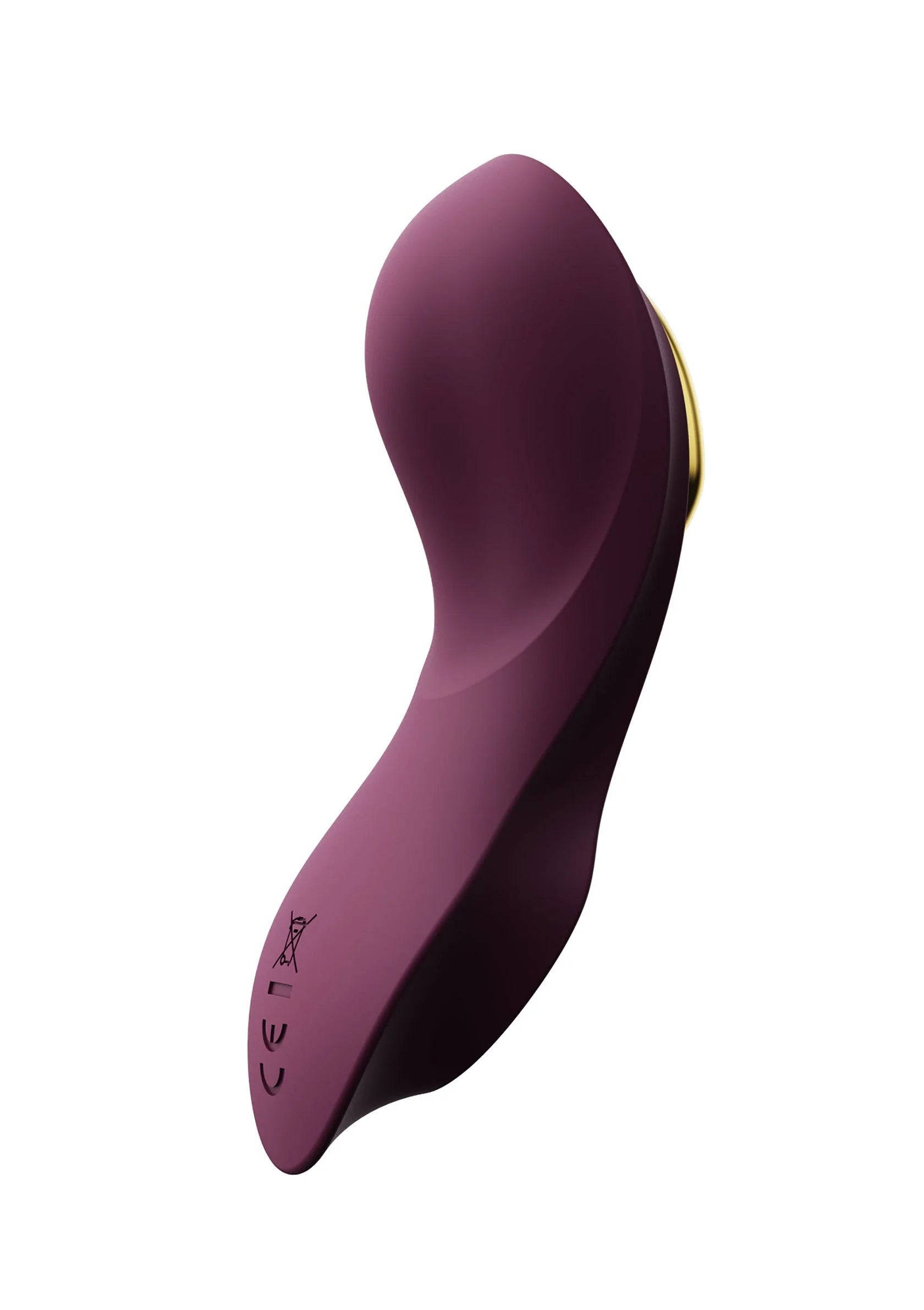 Paars draagbare vibrator, achterzijde met bedrukking en slanke, gebogen vorm.