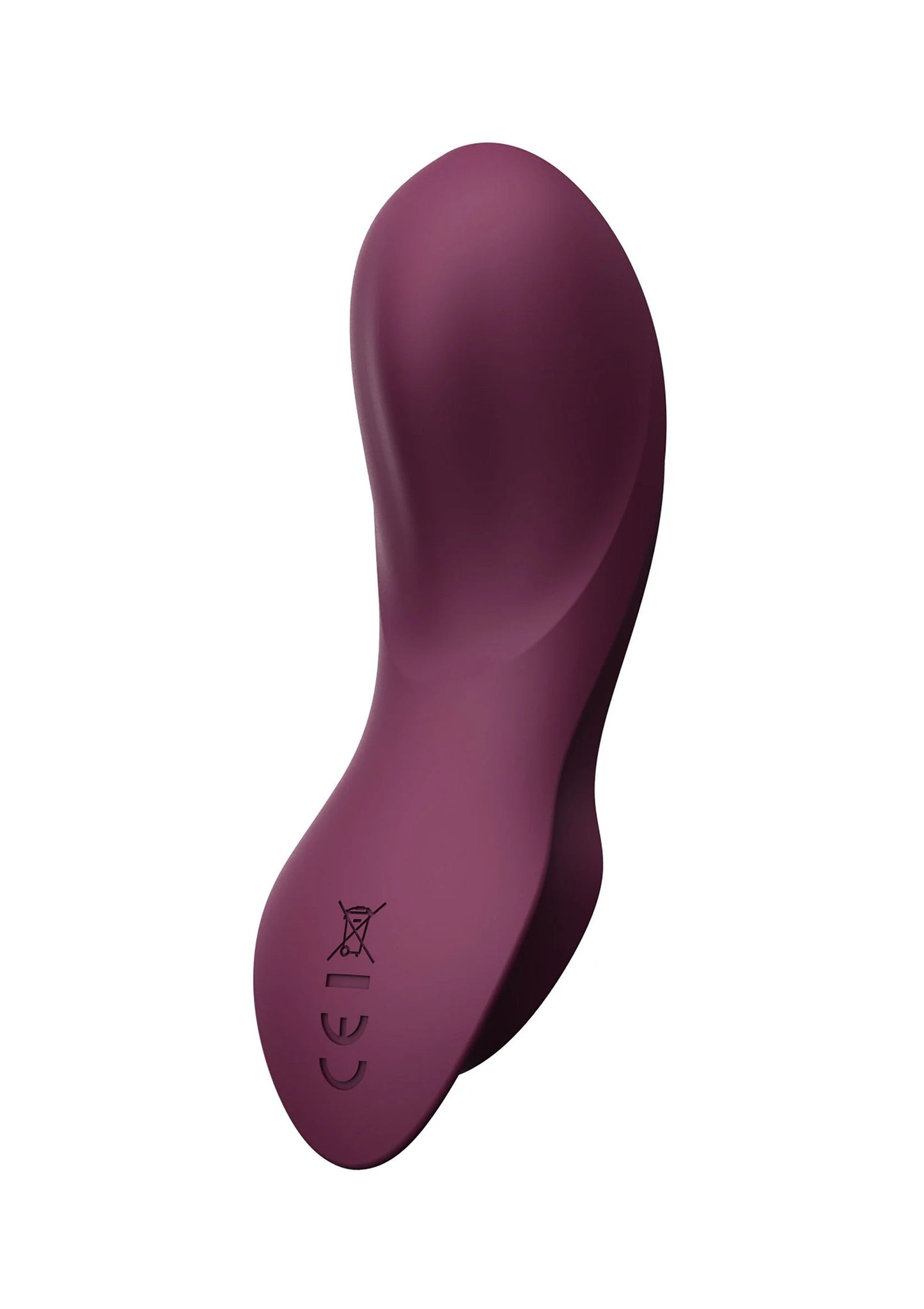 Paars draagbare vibrator met bedrukking op de onderkant in staand zijaanzicht.
