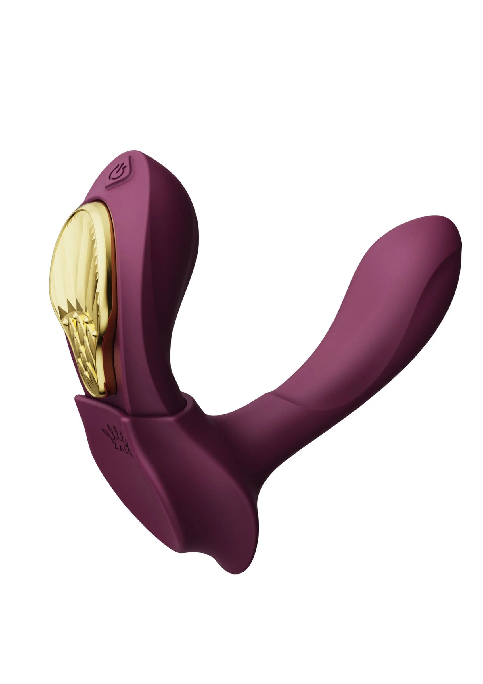Paars draagbare vibrator met open voorkant en gouden binnenwerk, L-vormig profiel.