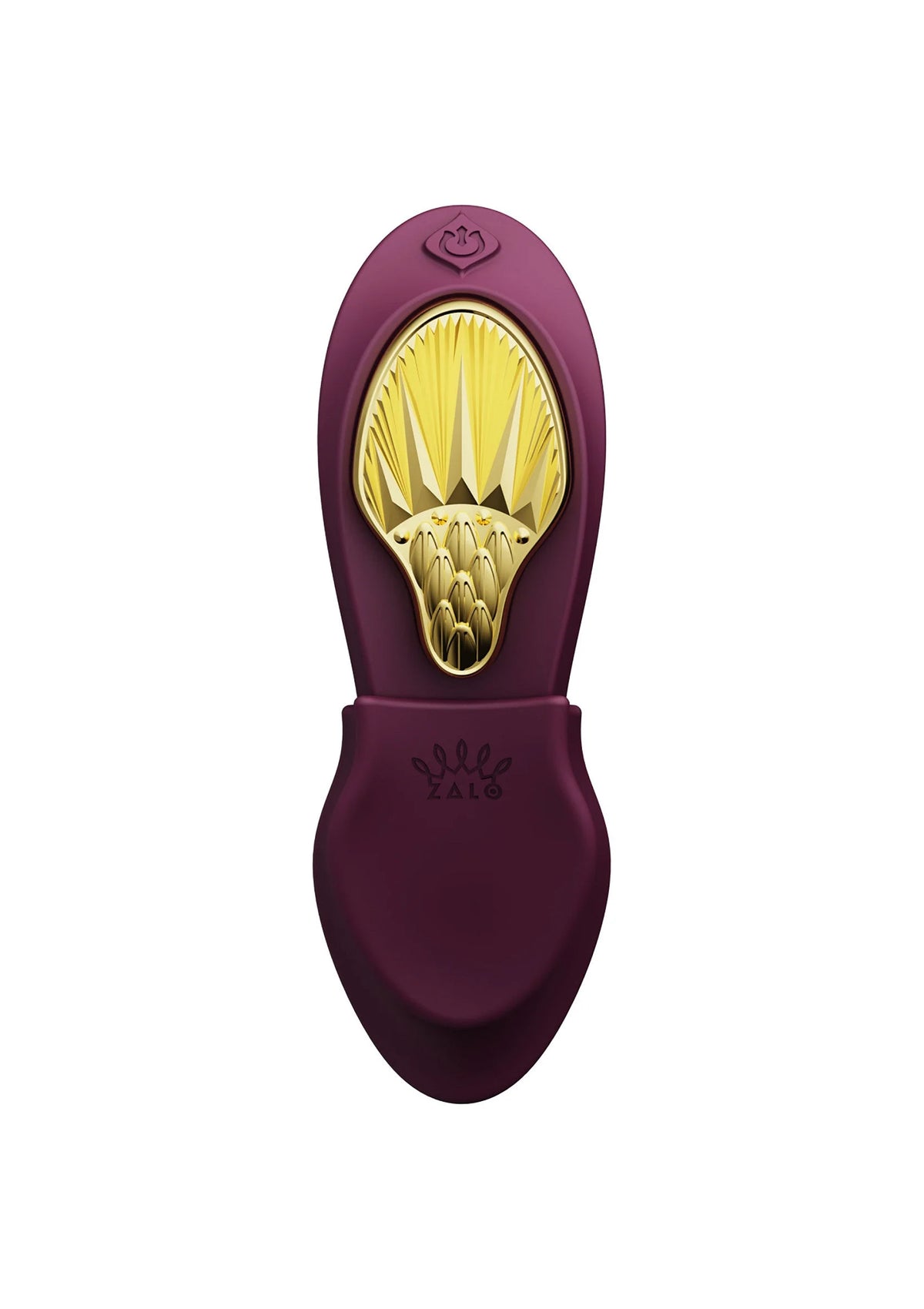Paars Zalo draagbare vibrator met gouden opening en opgestikte bedieningsknop.