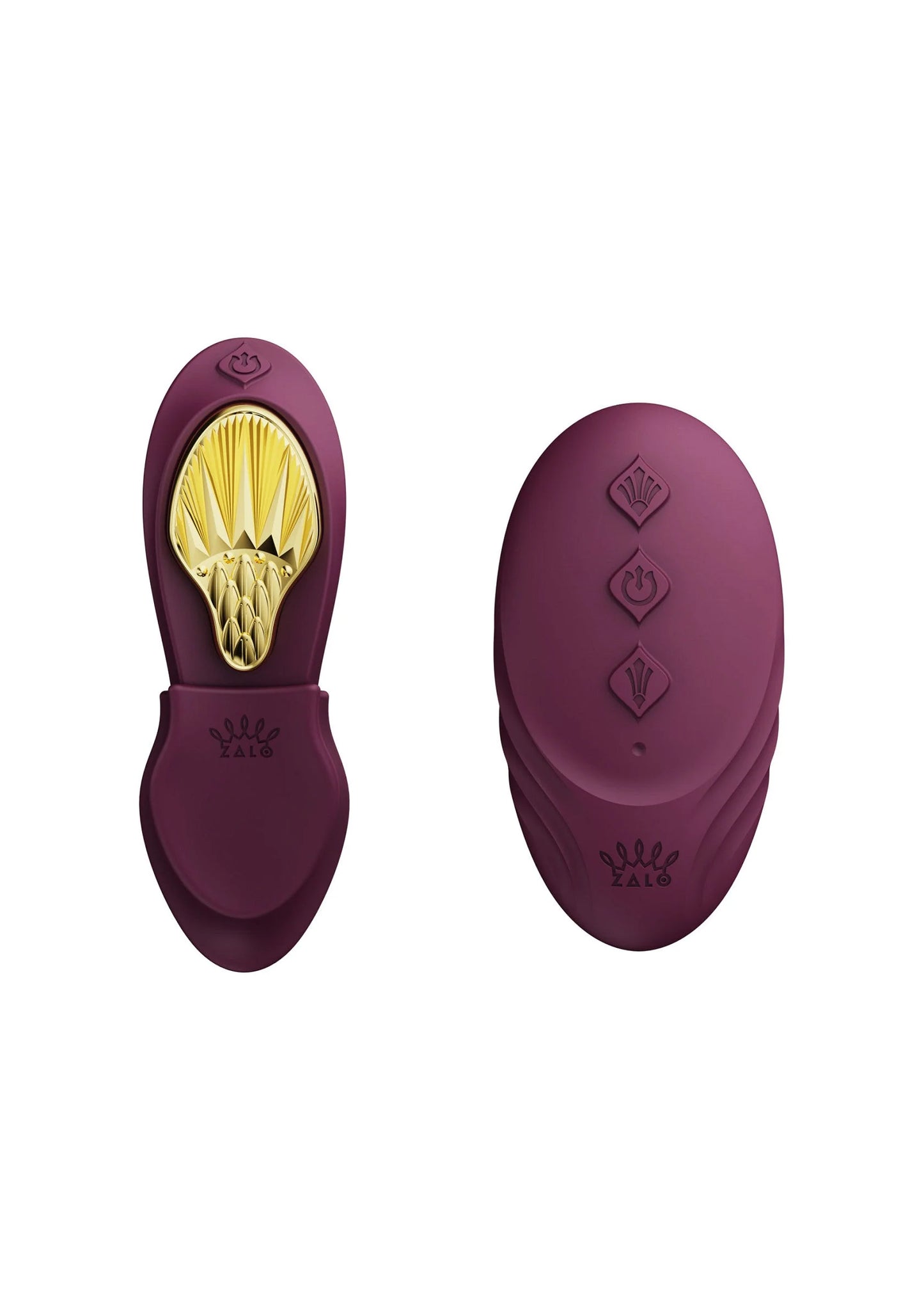 Draagbare vibrator, paarse huls met gouden binnenkant en bedrukte knoppen