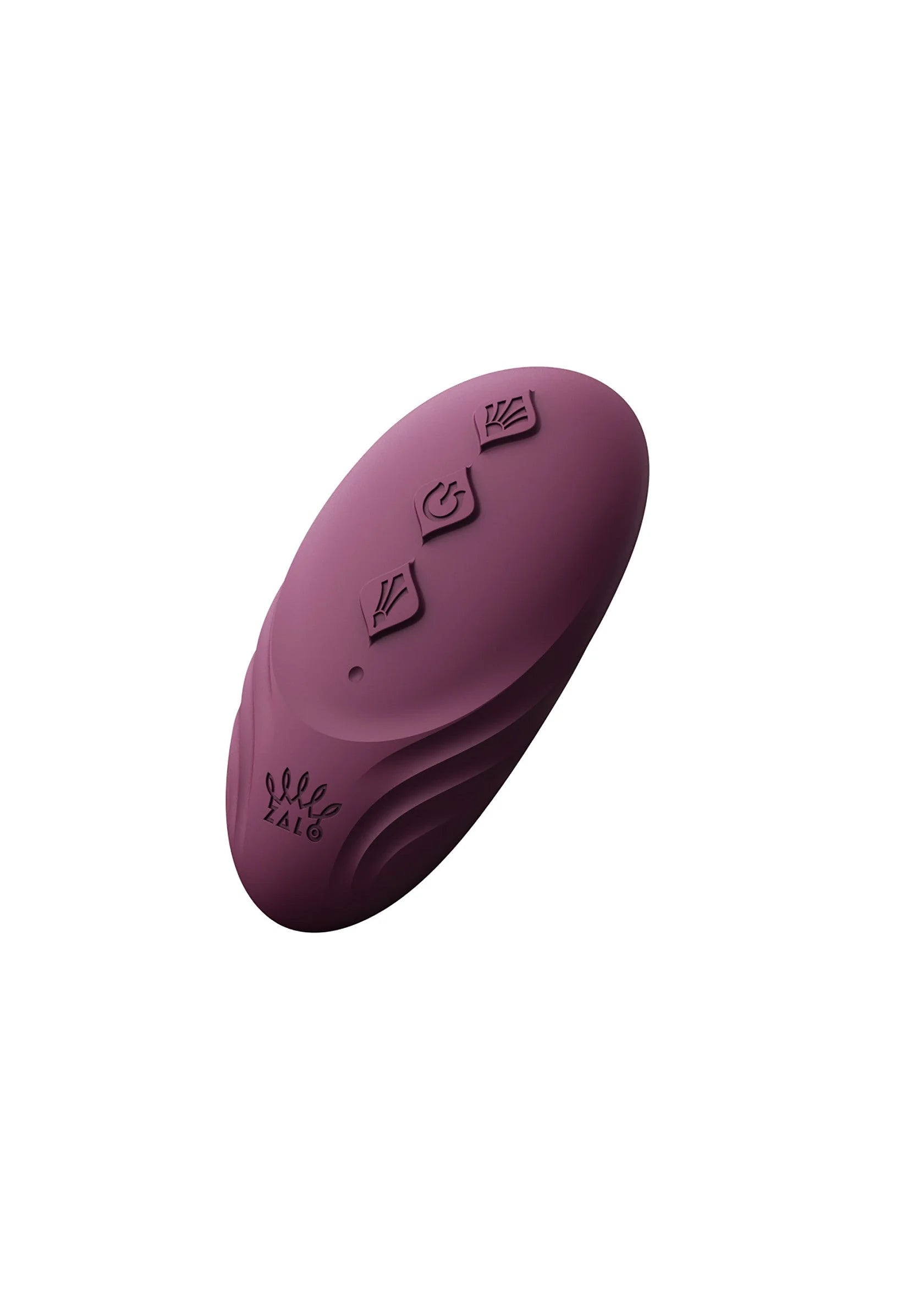 Draagbare vibrator, paarse ovale achterkant met knoppen en Zalo-logo