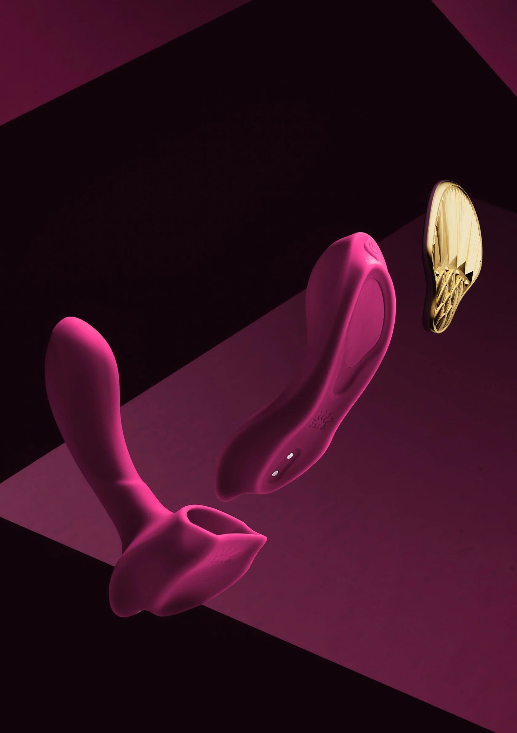 Paarse draagbare vibrator met verlengde boog en gouden metalen kop