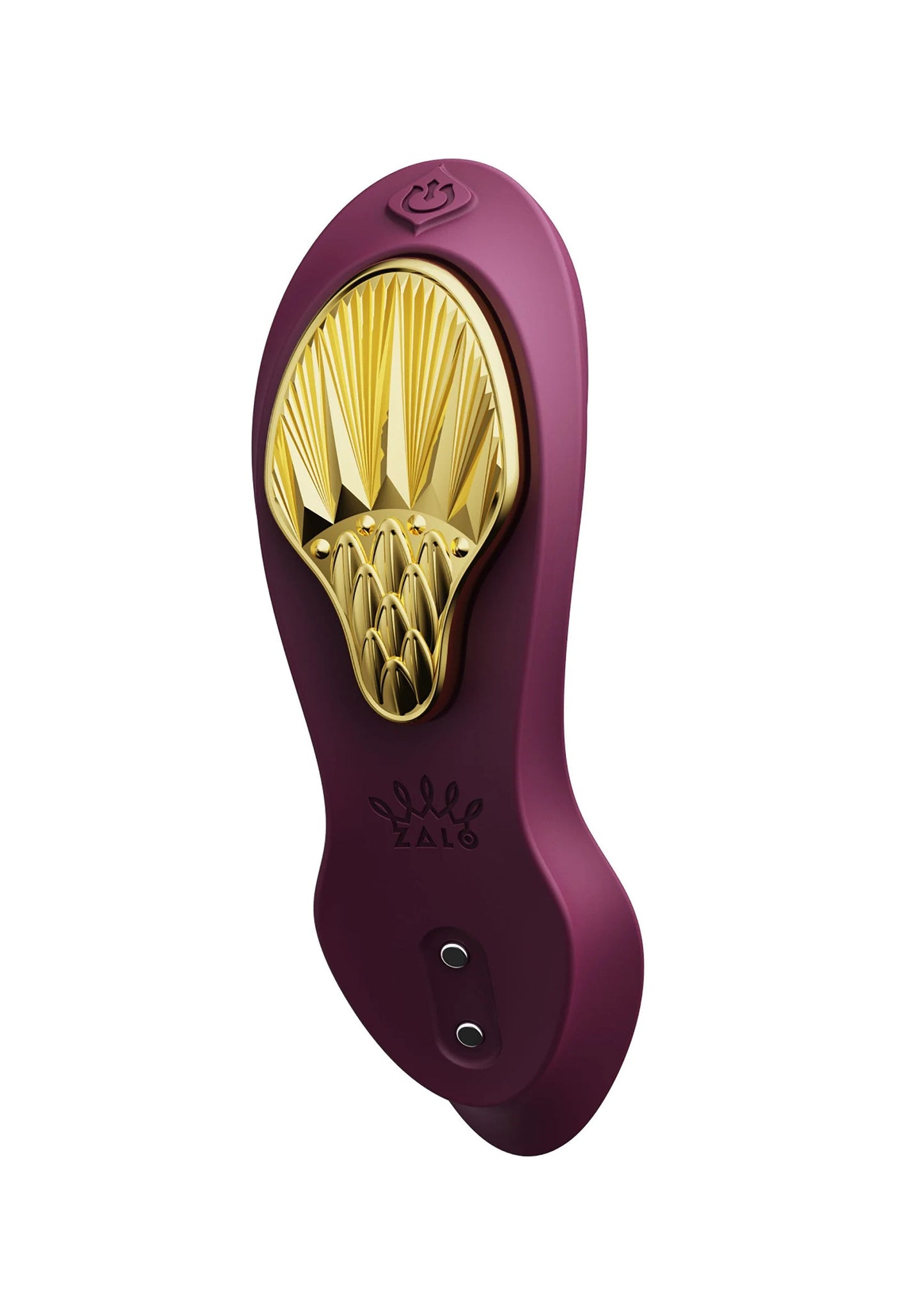 Paarse draagbare vibrator frontaanzicht met gouden opzet en ronde knoppen