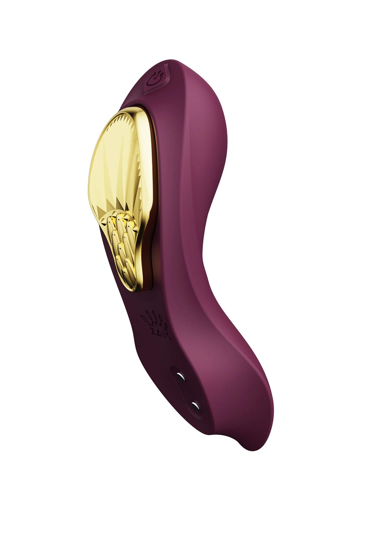 Paarse draagbare vibrator zijaanzicht met gouden opzet en twee knoppen