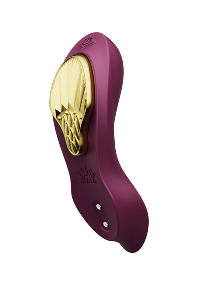 Paars draagbare vibrator met gouden binnenkant en twee knoppen op de voorzijde.