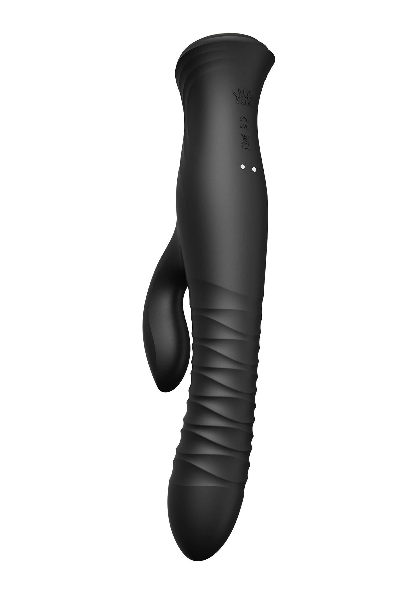 Verwarmende rabbit-thruster in donkerzwart, met textuur en openingen bij hand en voet.