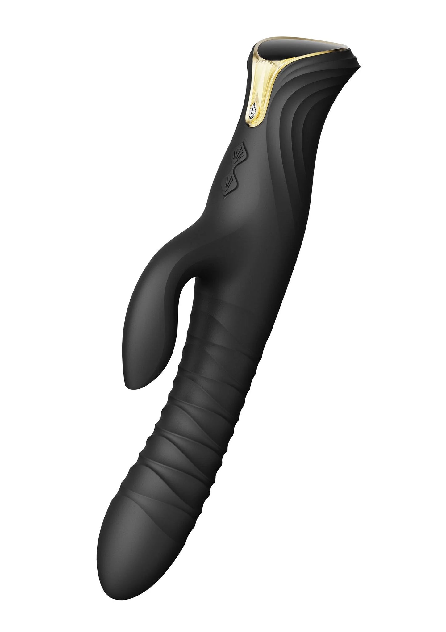 Verwarmende rabbit-thruster in donkerzwart met gouden kraag, zijaanzicht met open hand.