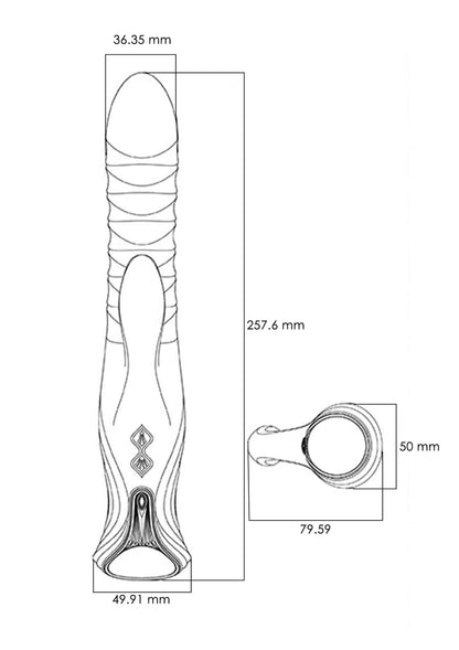 Technische tekening van verwarmende rabbit-thruster met maten en aansluitkabel-set.