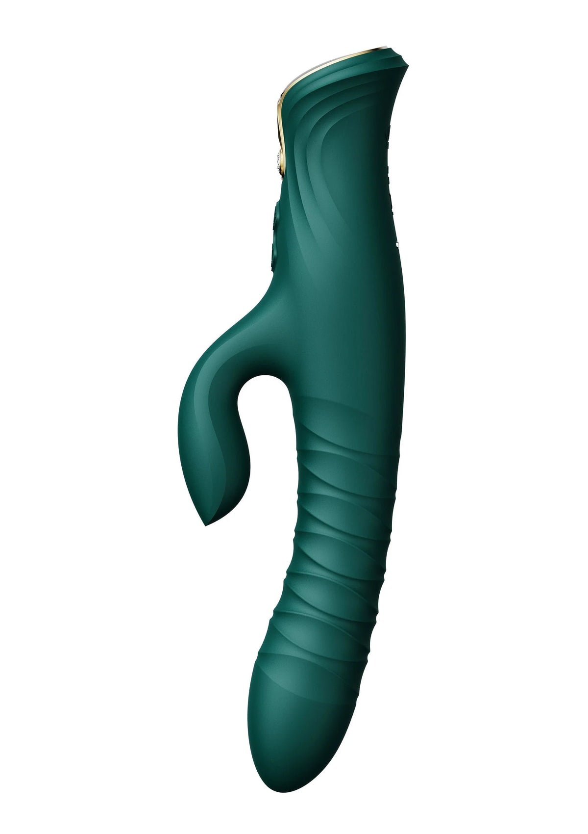 Verwarmende rabbit-thruster in donkergroen met open hand en voet, gladde textuur.