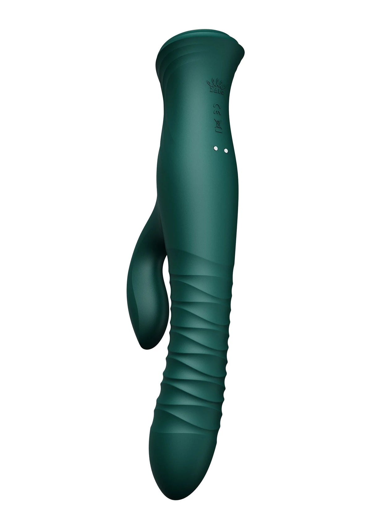 Verwarmende rabbit-thruster in donkergroen, vooraanzicht met open hand en voet.