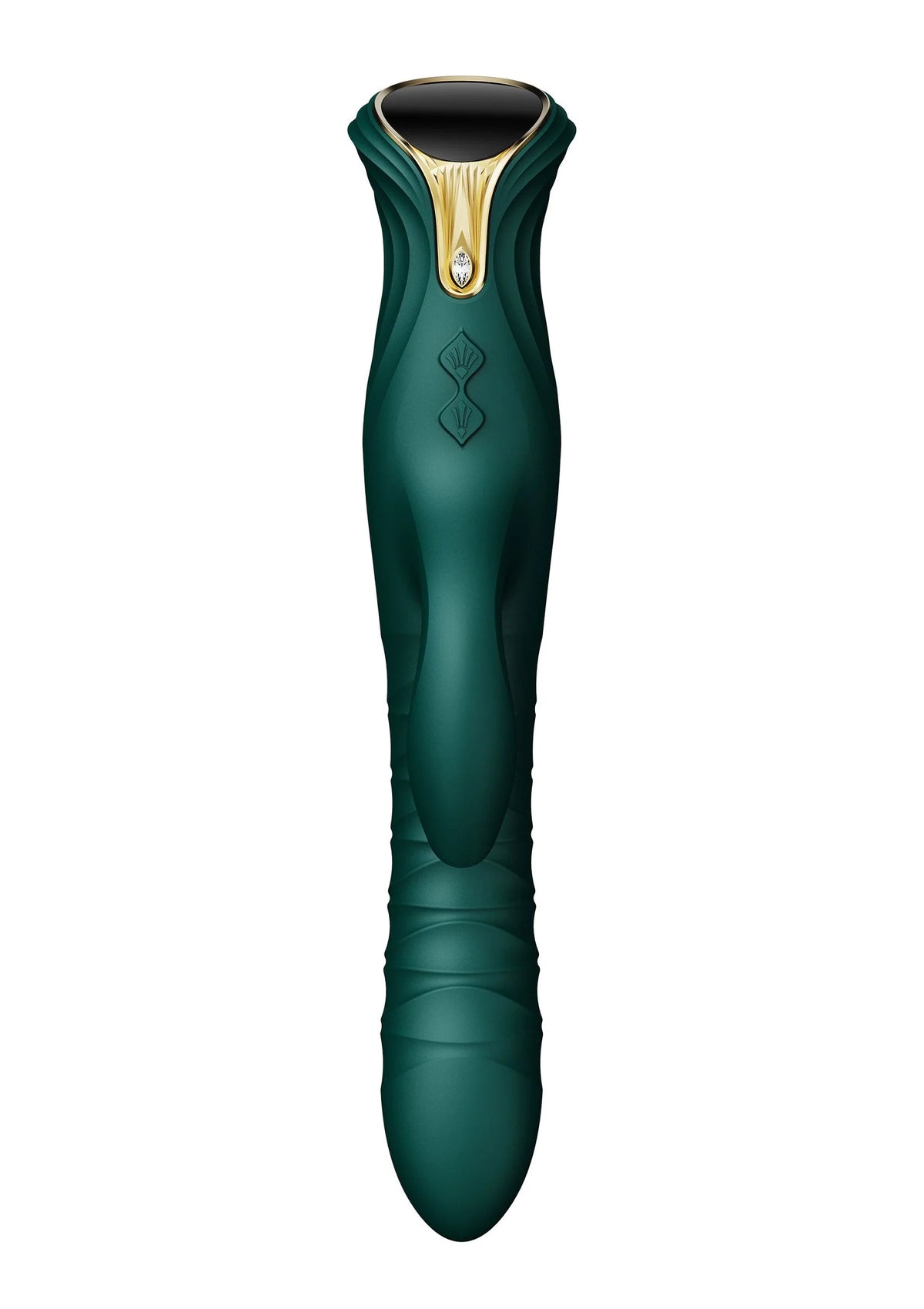 Verwarmende rabbit-thruster in donkergroen met gouden kraag en opdruk bij de borst.