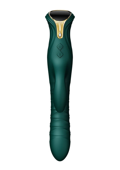 Verwarmende rabbit-thruster in donkergroen met gouden kraag en opdruk bij de borst.