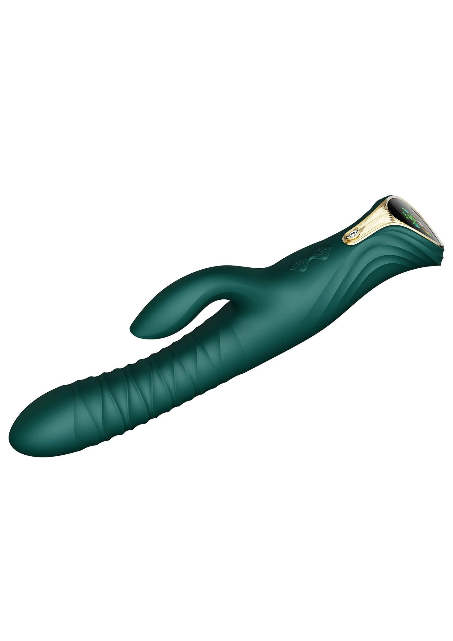 Verwarmende rabbit-thruster in donkergroen in liggend zijaanzicht met open hand.