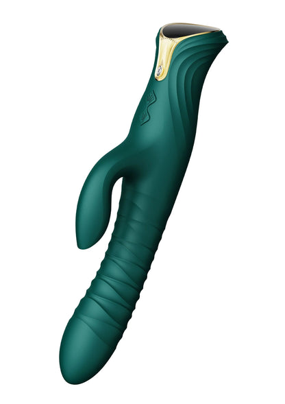 Verwarmende rabbit-thruster in donkergroen, schuin zijaanzicht met open hand en voet.