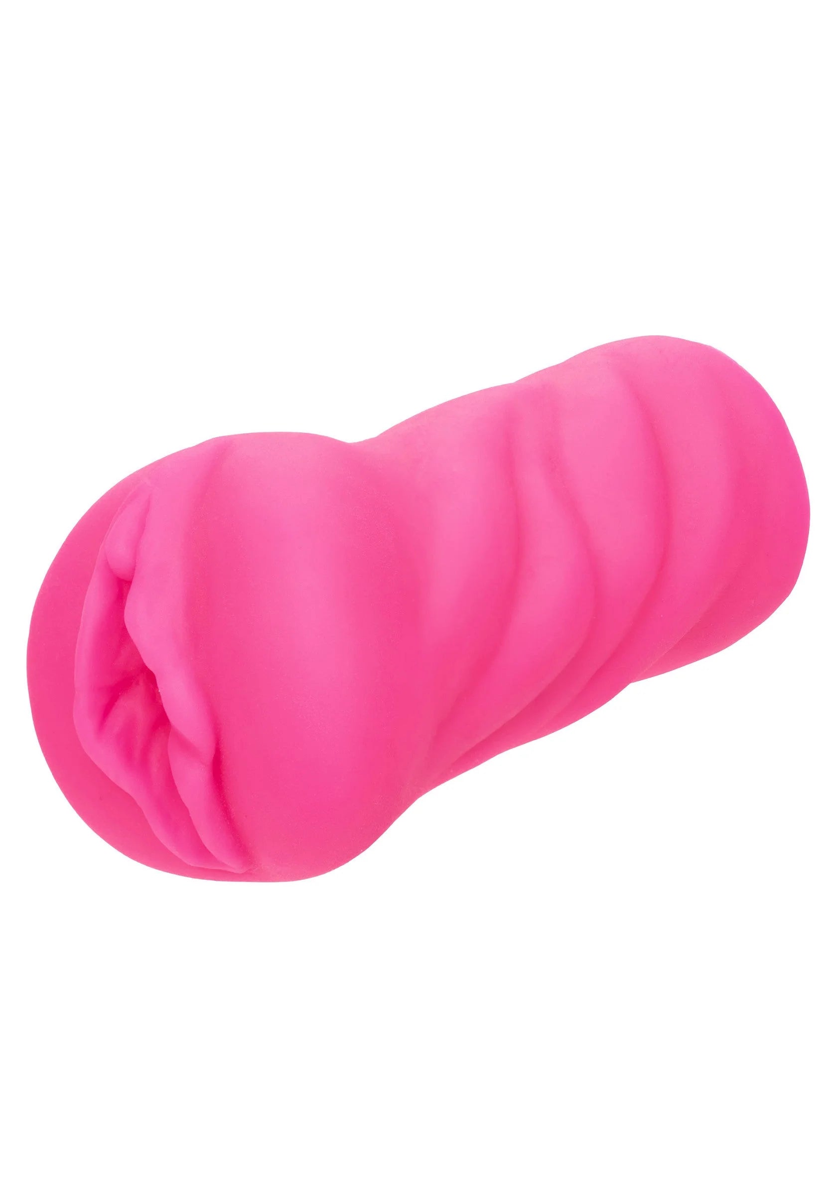 Roze siliconen masturbator met afgeronde uiteinden en subtiele ribbelstructuur.