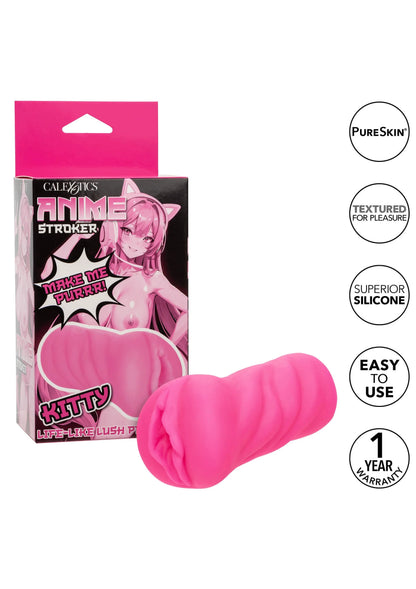 Roze kat-vormig seksspeeltje met verpakking en kenmerk-icoontjes
