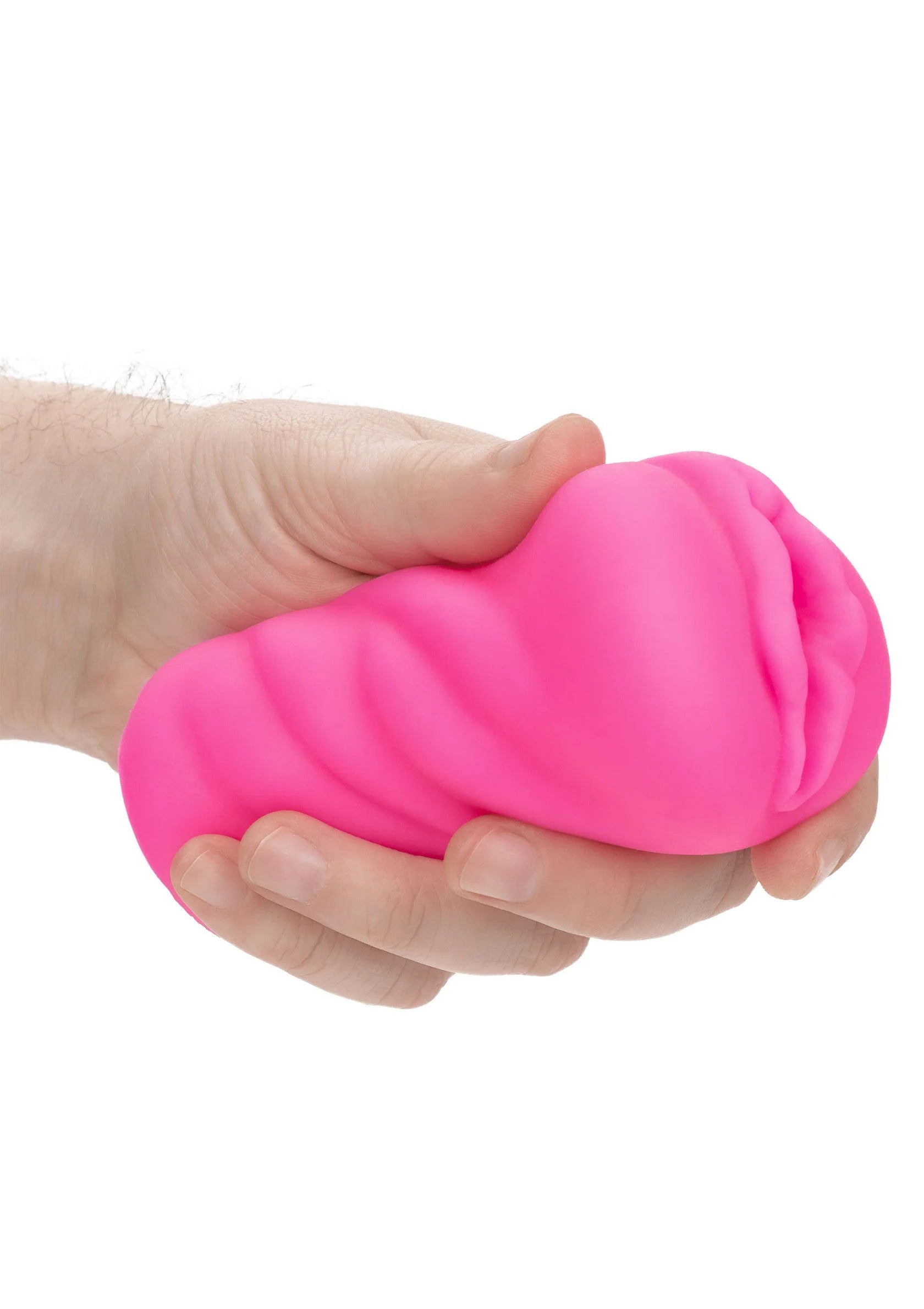 Roze seksspeeltje met vingervormige textuur, in hand vastgehouden