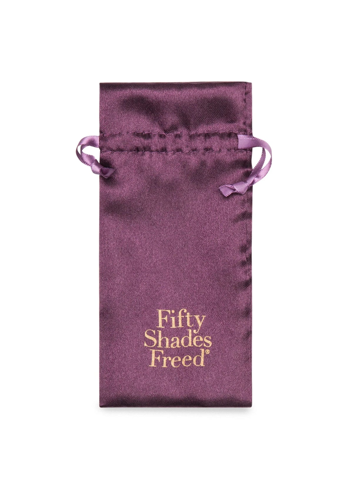 Paars satijnen zakje met striksluitingen en Fifty Shades Freed opschrift
