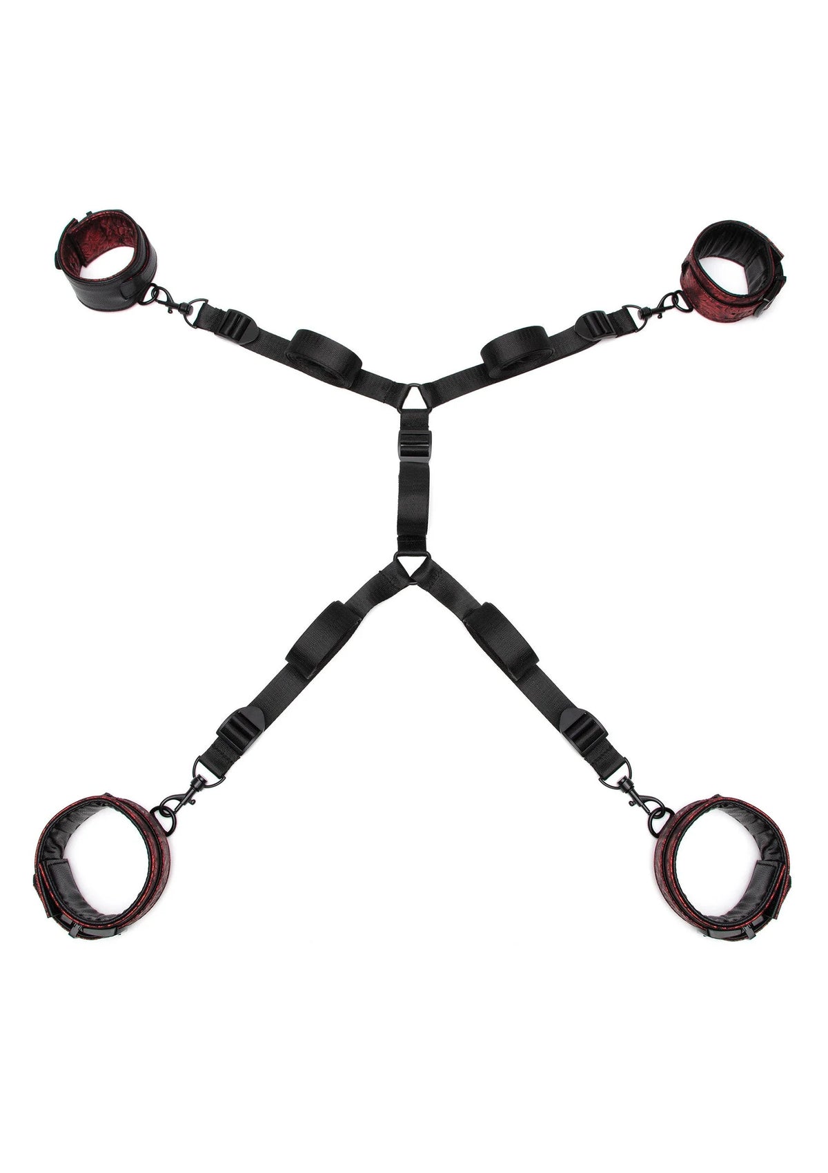 Zwarte Y-riem met metalen gespen en rood-gepatroonde handboeien links en rechts