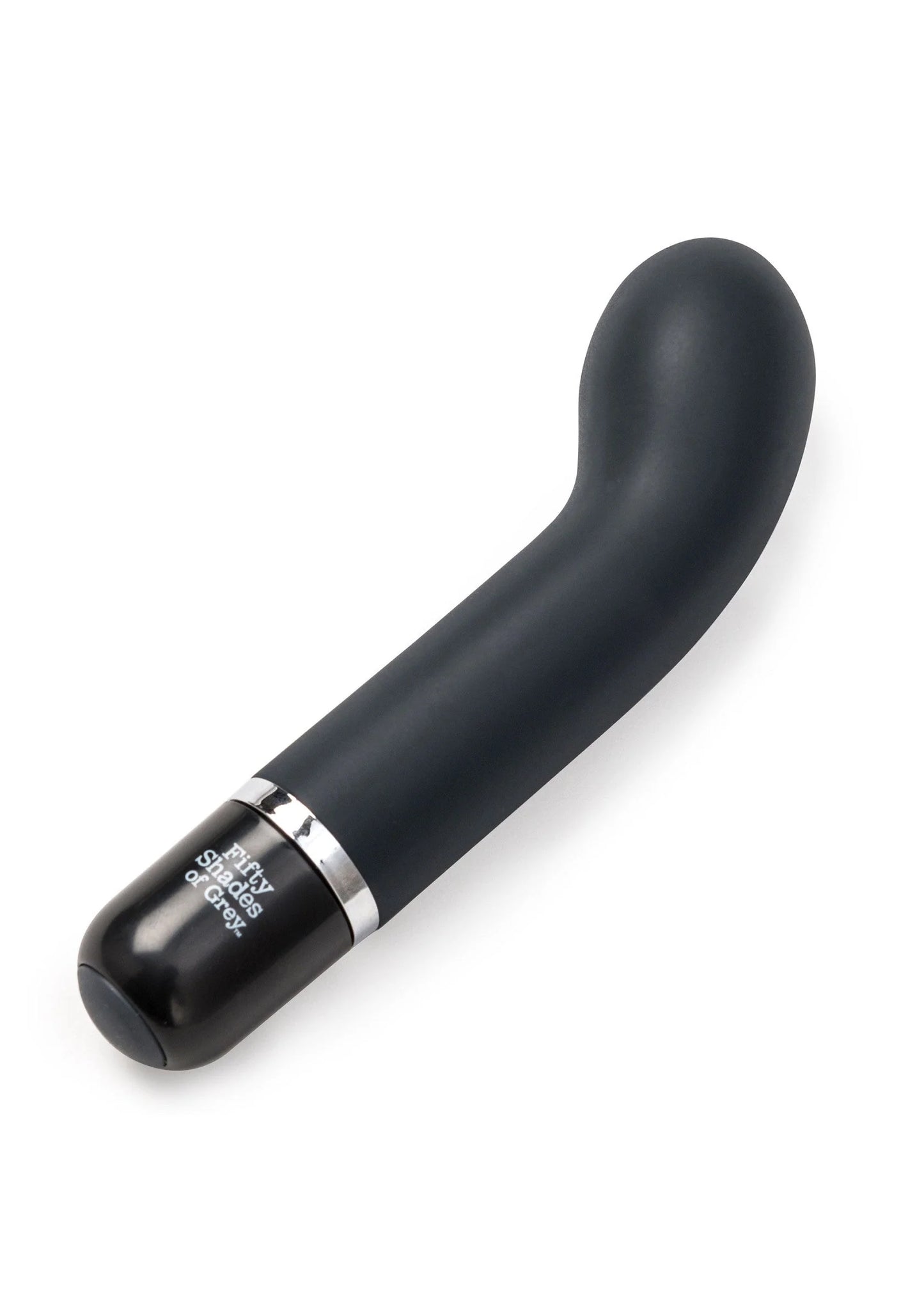 Mini G-spot vibrator, zwart gebogen ontwerp met zilverkleurige ring en ronde punt.