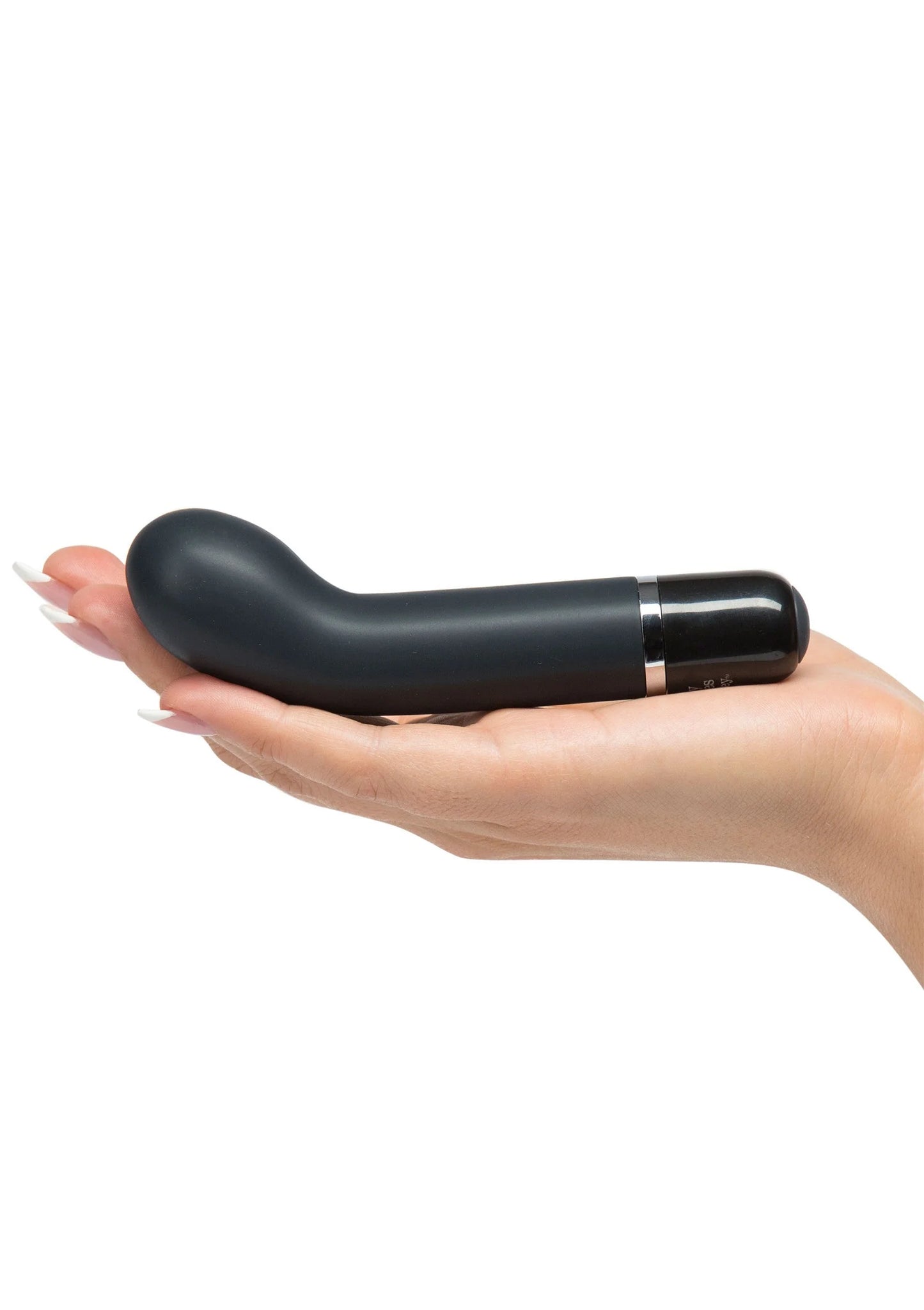 Mini G-spot vibrator zwart, in hand gehouden; gebogen vorm met ronde neus en ring.
