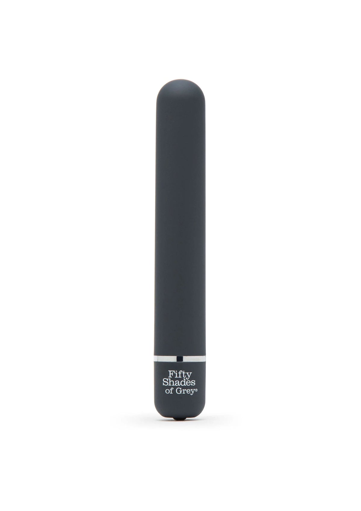 Rechtop staande zwarte staafvibrator met 'Fifty Shades of Grey'-label