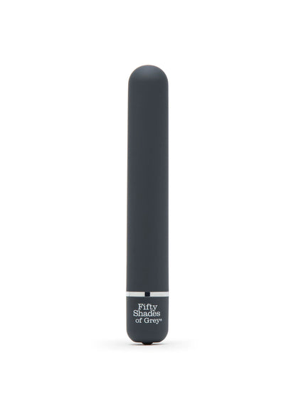 Rechtop staande zwarte staafvibrator met 'Fifty Shades of Grey'-label
