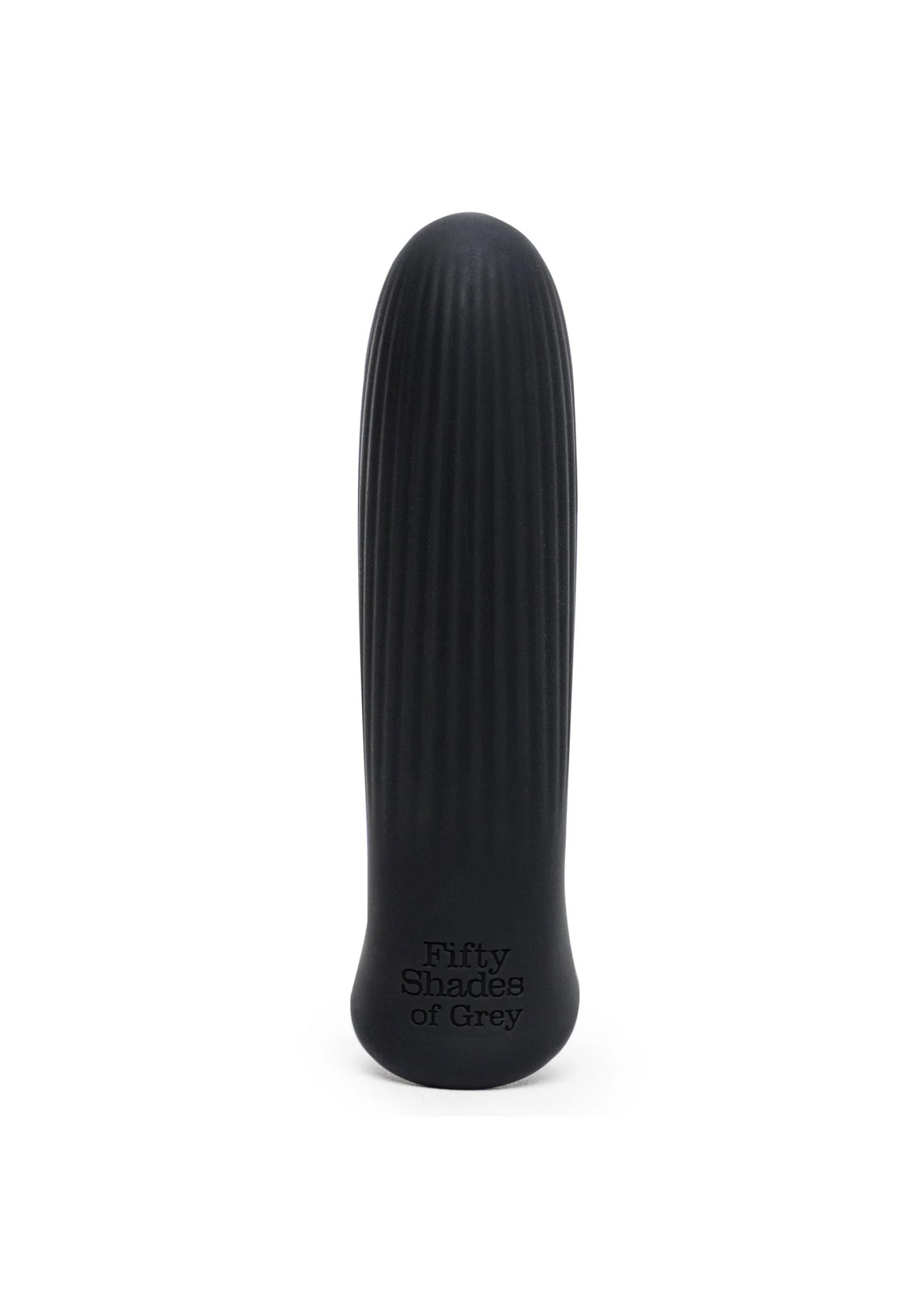 Oplaadbare bullet vibrator met geribbelde zwarte behuizing, tekst 'Fifty Shades of Grey'