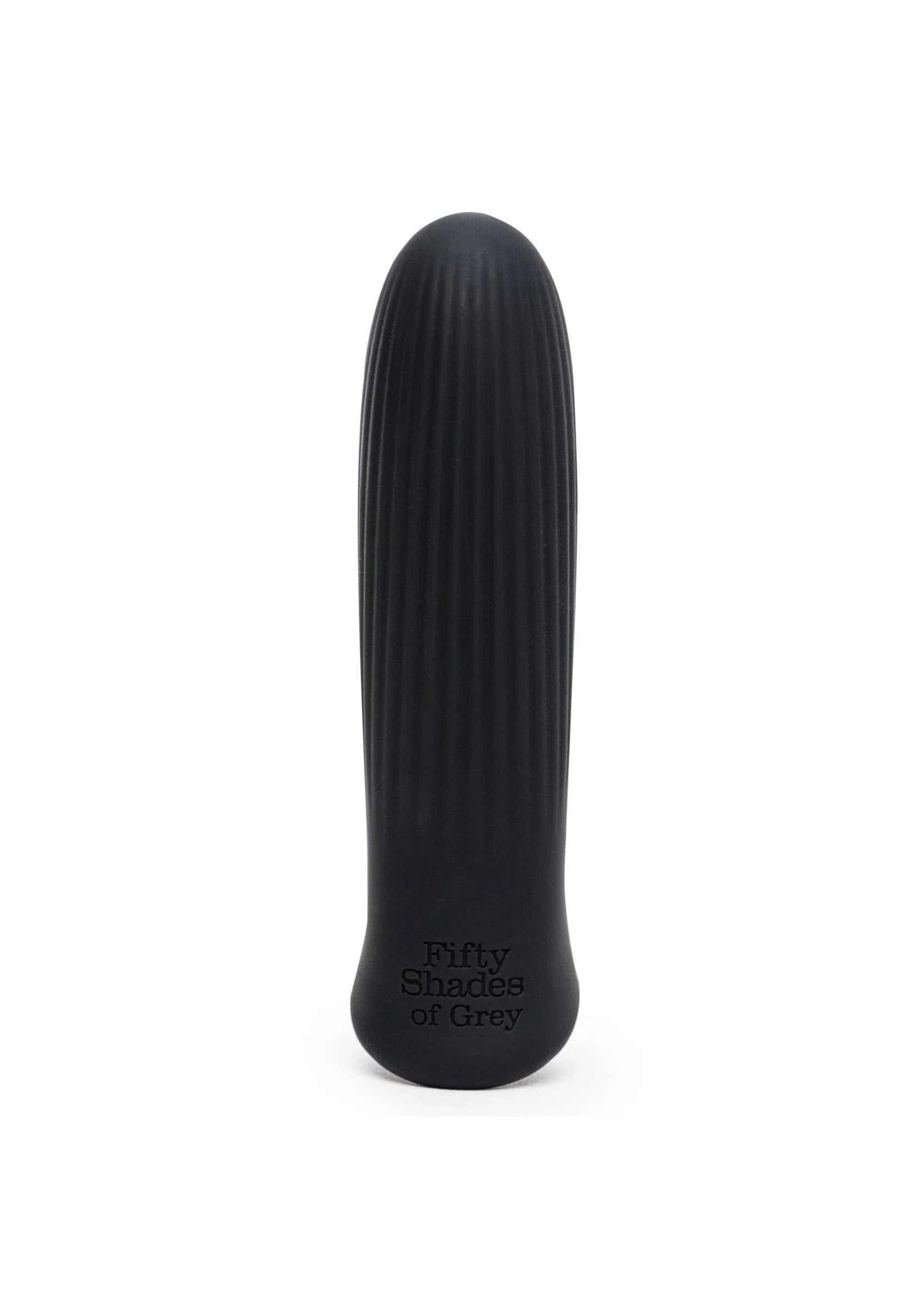 Oplaadbare bullet vibrator met geribbelde zwarte behuizing, tekst 'Fifty Shades of Grey'