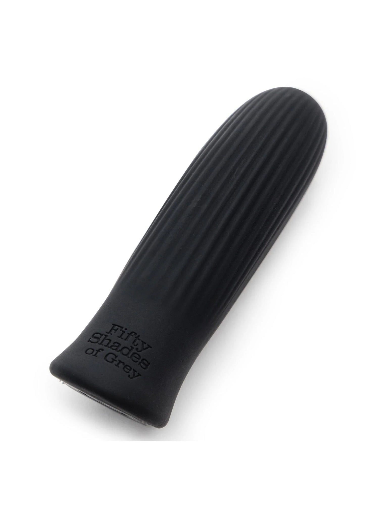 Oplaadbare bullet vibrator, geribbelde zwarte vorm met platte onderkant en 'Fifty Shades of Grey'
