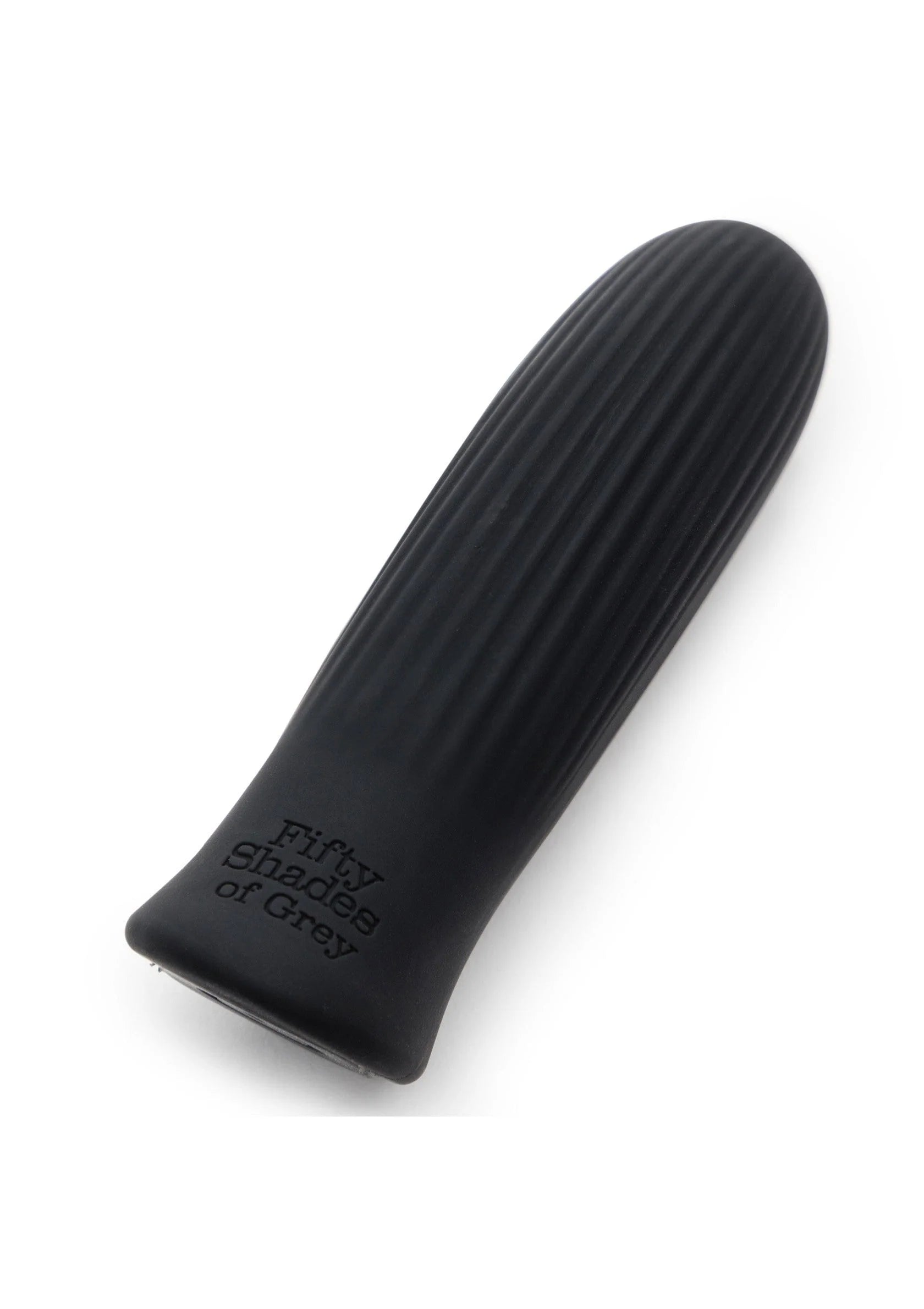 Oplaadbare bullet vibrator, geribbelde zwarte vorm met platte onderkant en 'Fifty Shades of Grey'
