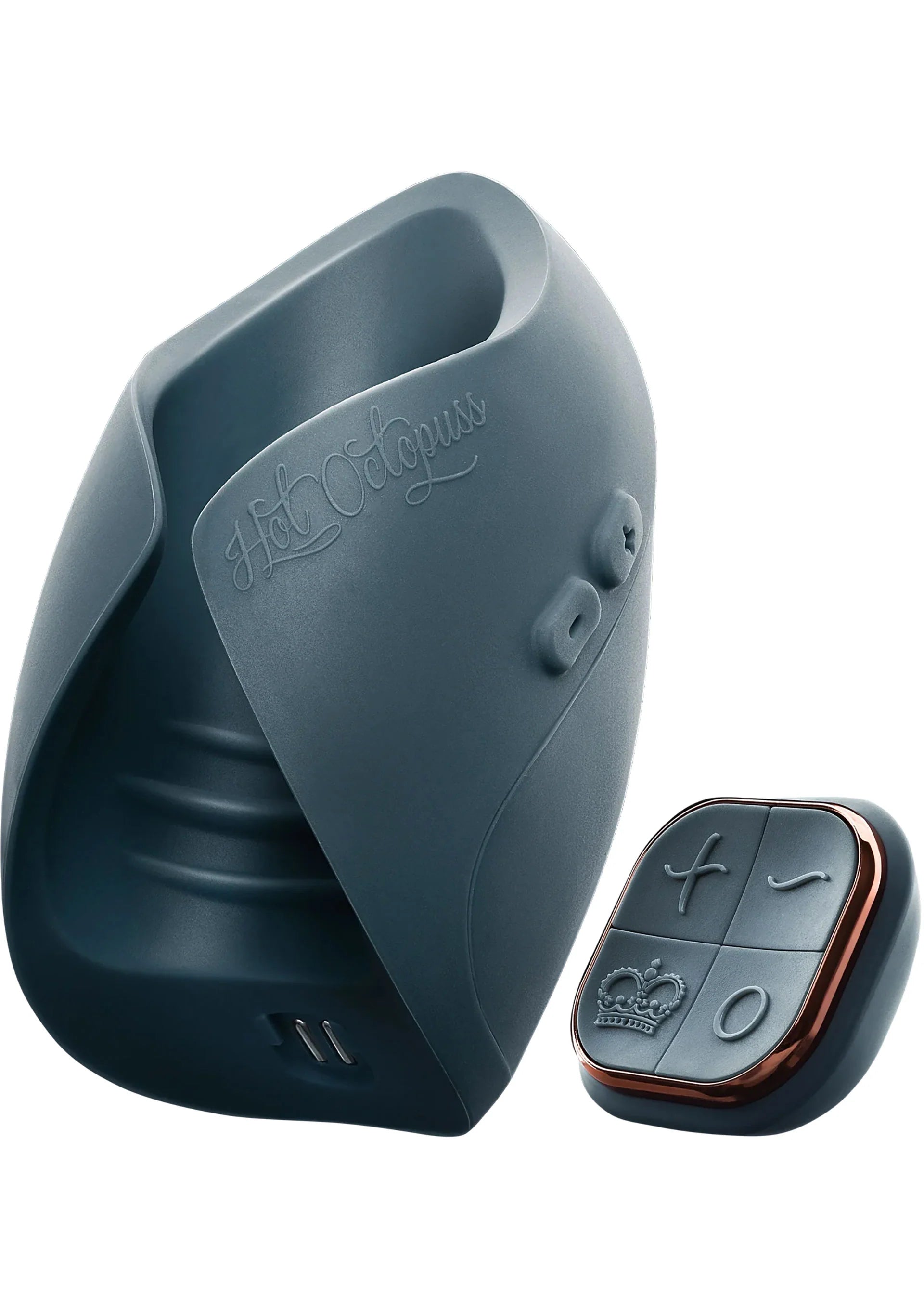 Blauwe vibrator met afgeronde behuizing en knoppen, met afstandsbediening erbij
