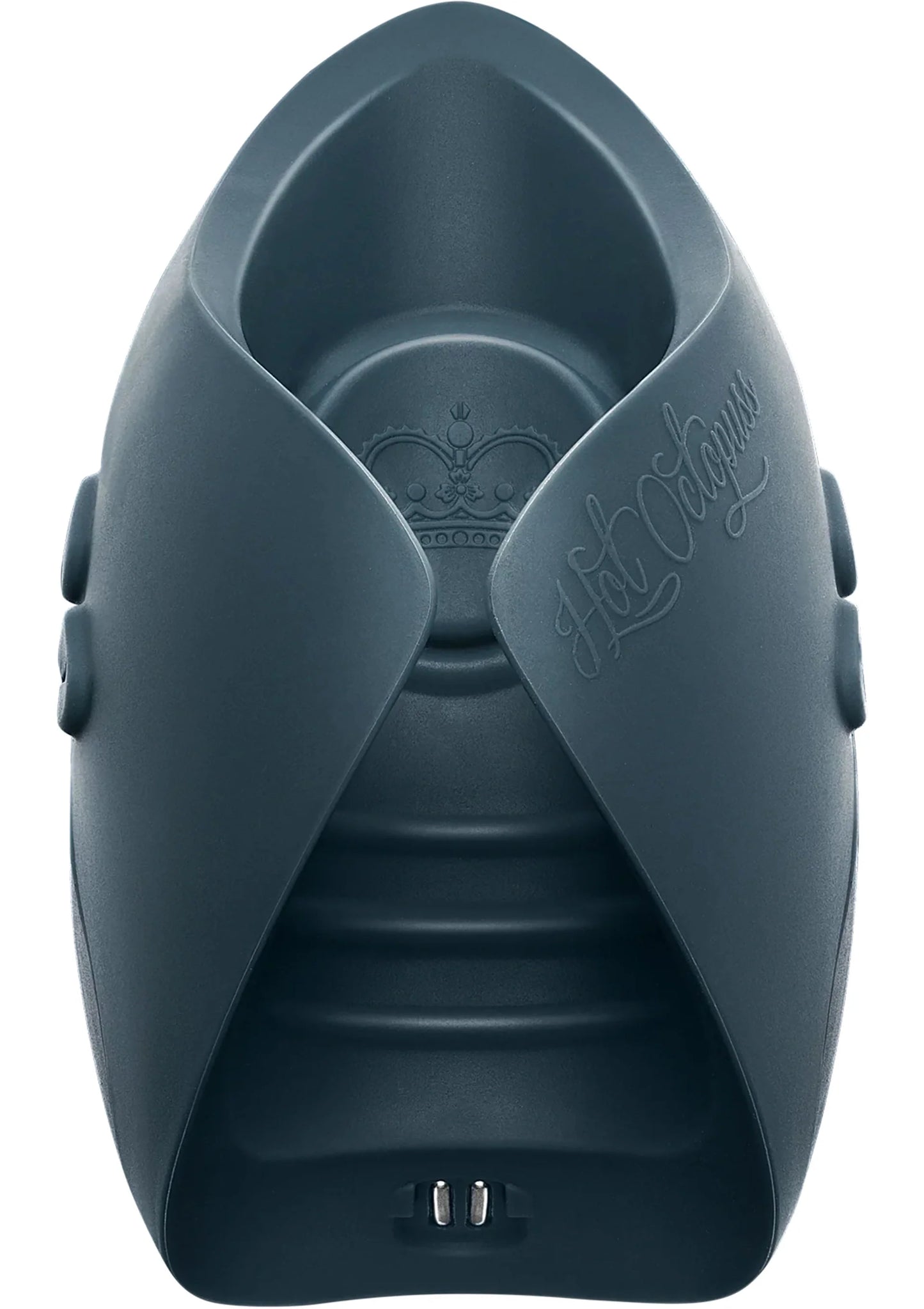 Blauwe vibrator met open binnenkant en subtiele kroonmarkering
