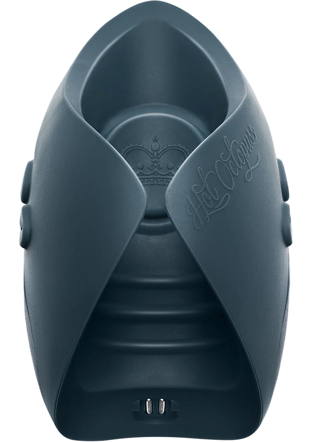 Blauwe vibrator met open binnenkant en subtiele kroonmarkering