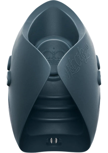 Blauwe vibrator met open binnenkant en subtiele kroonmarkering