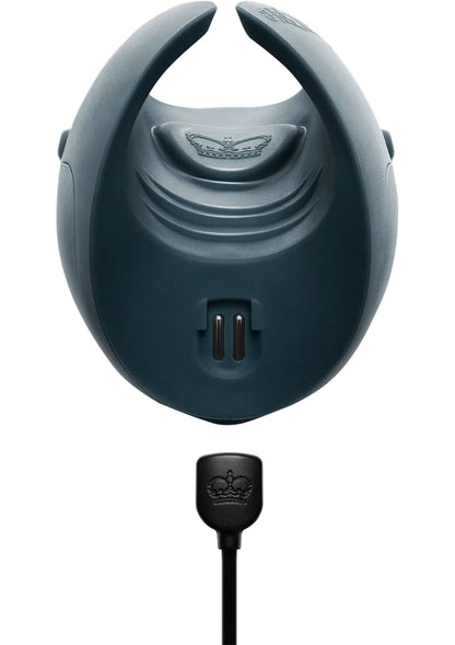 Blauwe vibrator achterzijde met oplaadpoort, afstandsbediening en kabel