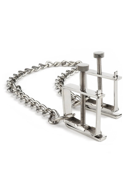 Beste vandaag nog: Press Nipple Clamps With Chain by Mr. Steel - bij Happytoys Sexshop: Toys for Feeling Happy & Easy 😊