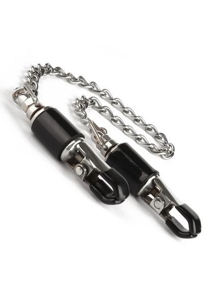 Zwarte barrel-klem met zilveren ketting en metalen klemgesp