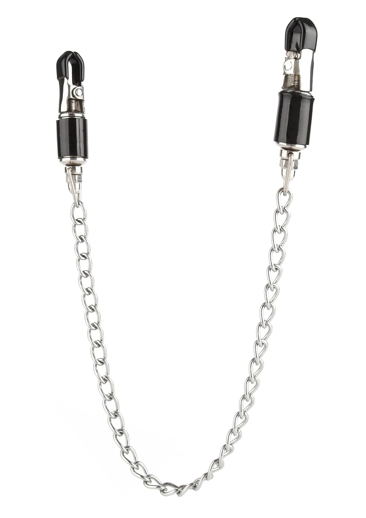 Zwarte klemkoppen met zilveren ketting en metalen klemhuls