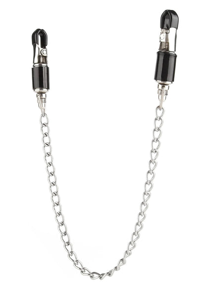 Zwarte klemkoppen met zilveren ketting en metalen klemhuls