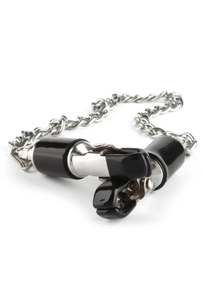 Zwarte en chroom metalen klemmen met ketting, liggend ontwerp