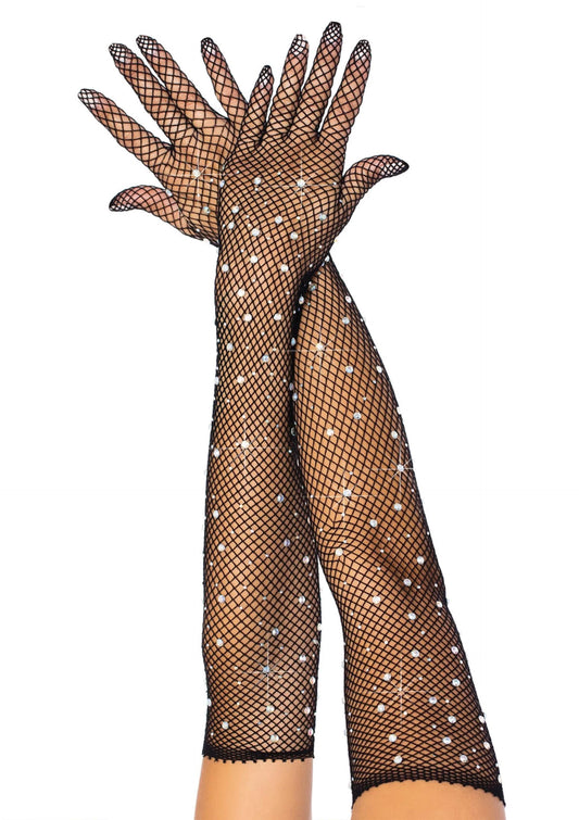 Rhinestone Fishnet Opera Length Gloves