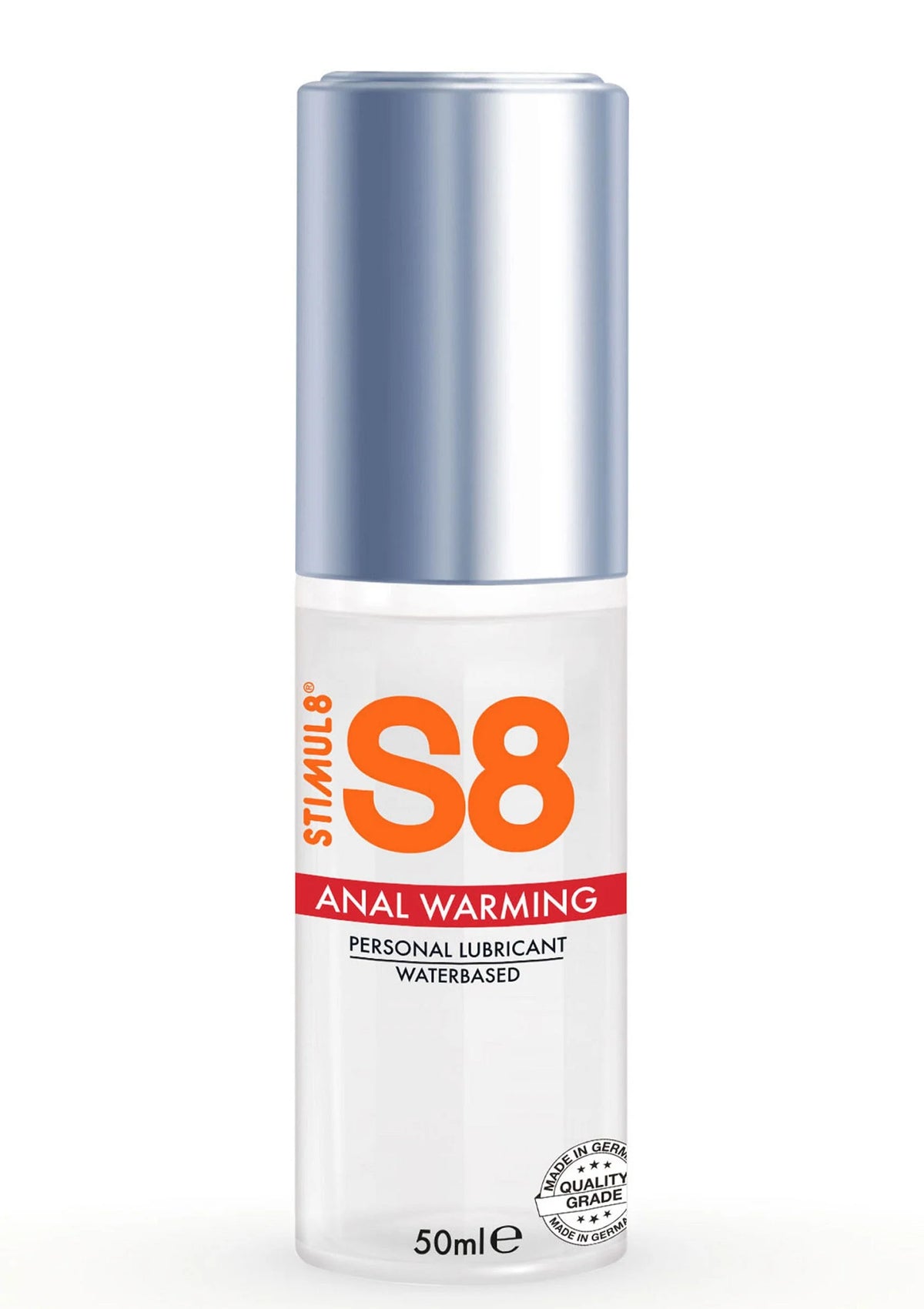 S8 opwarmende anale glijmiddel waterbased 50 ml, close-up van transparante flacon
